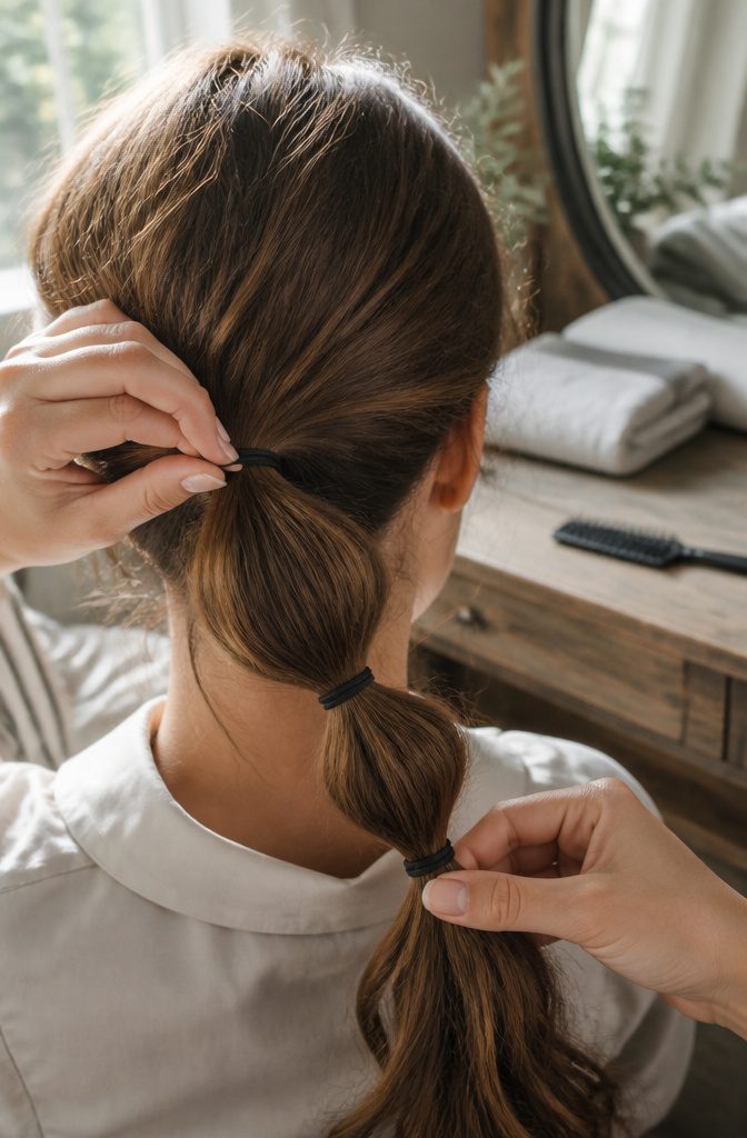 Hand holding a ponytail with two elastics around a rounded hair section