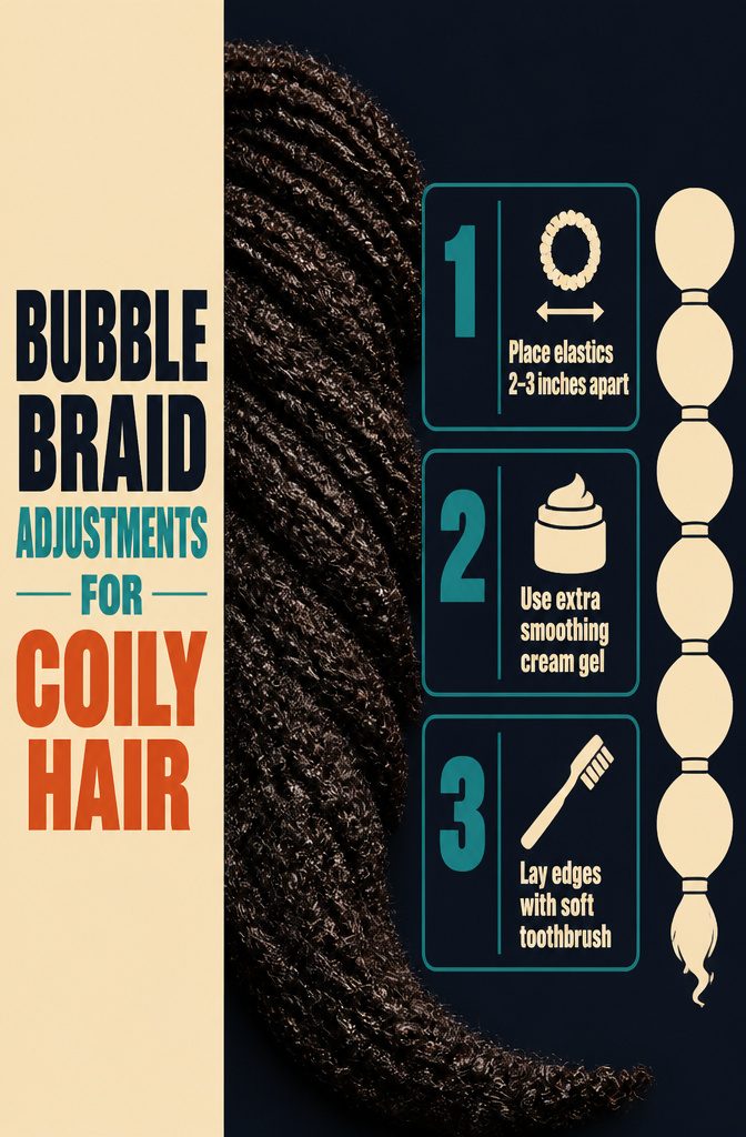 Coily ponytail with smooth sections and rounded bubble shapes