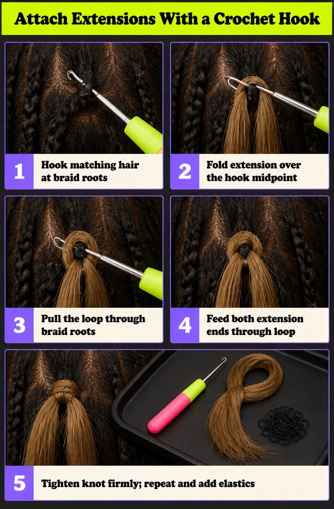 Crochet hook threading braiding hair through a natural braid
