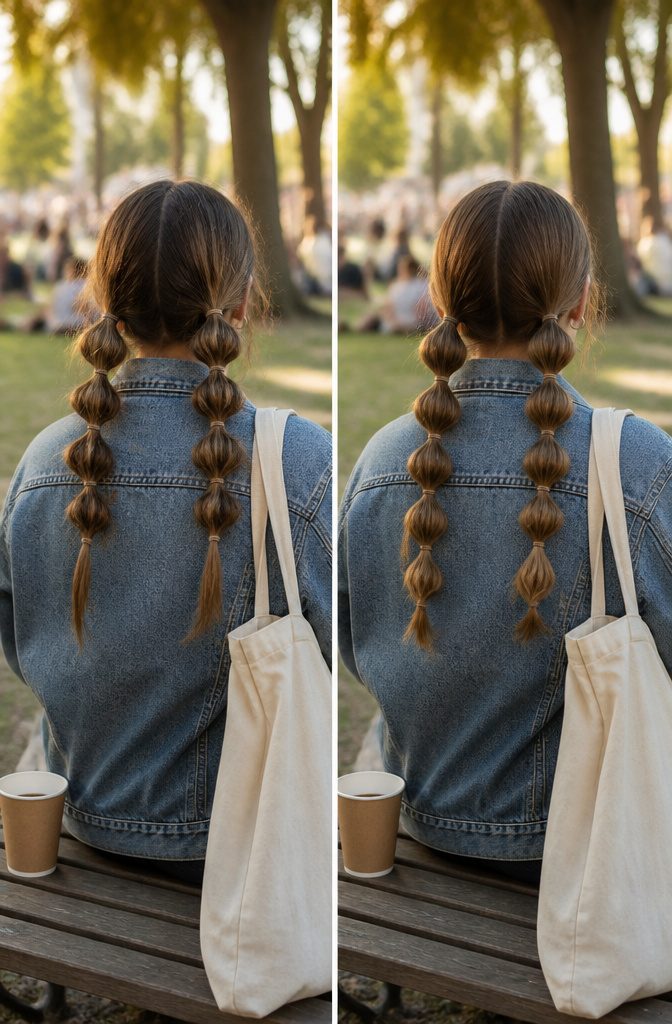 Center-parted hair in two ponytails with rounded bubble sections