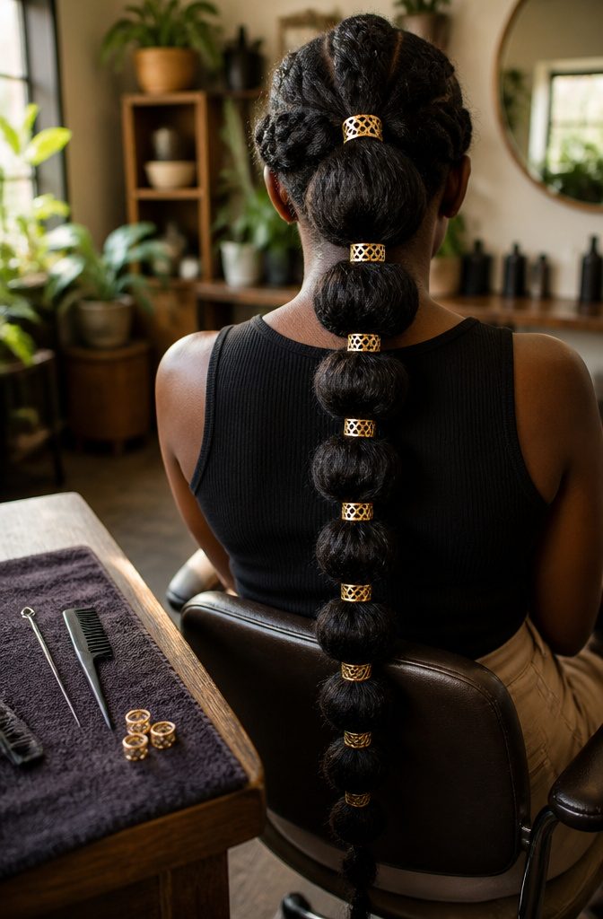 Chunky bubble braids decorated with cuffs over the elastics