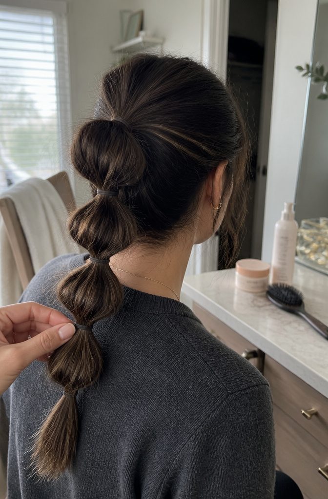 Textured ponytail with full bubble sections and hand near an elastic
