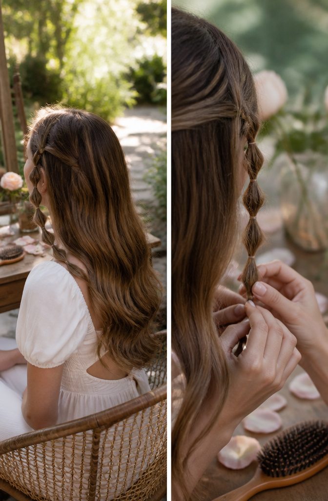 Two short bubble braids hanging beside loose hair