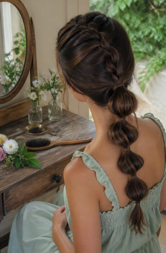 Short French braid at the crown flowing into bubbled ponytail