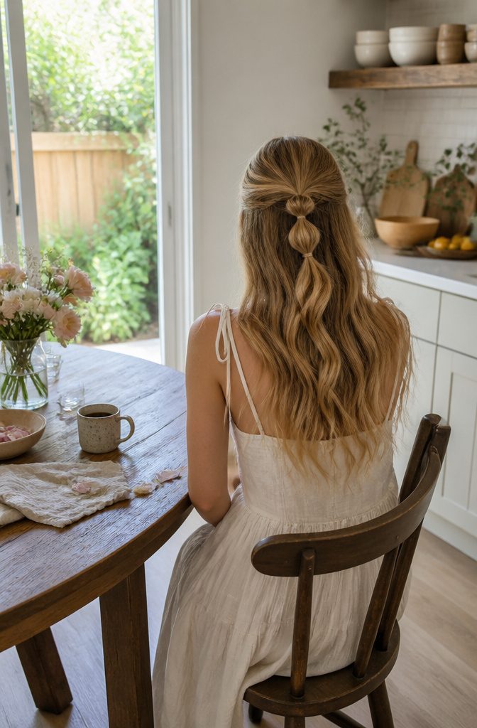 Half-up ponytail with bubbled sections over loose hair