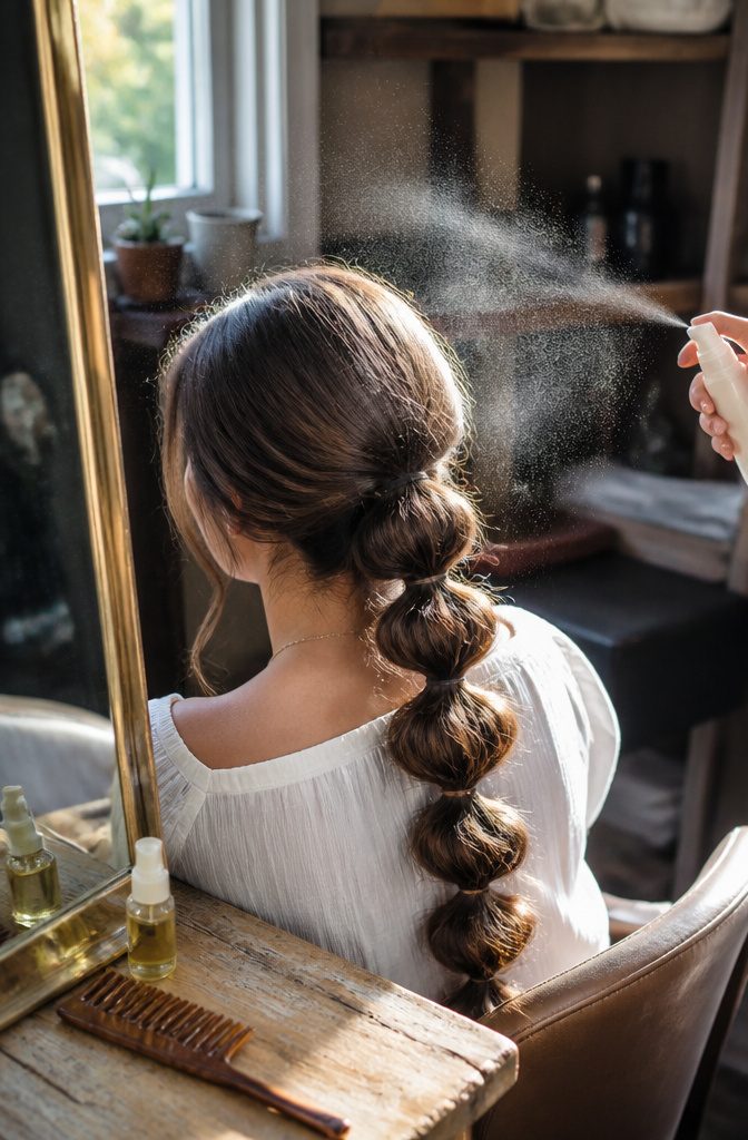 Hairspray mist above a finished bubble braid with rounded sections