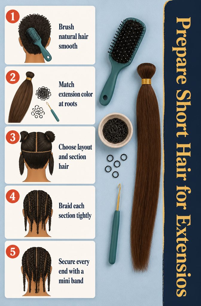 Short natural braids with mini rubber bands at the ends