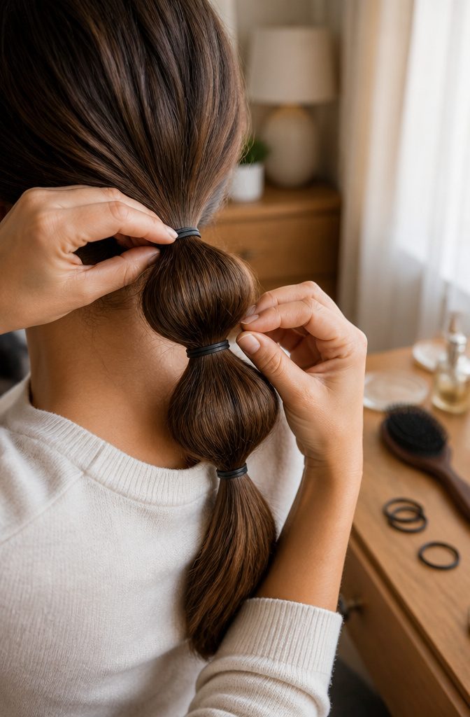 Fingers widening the hair between two ponytail elastics