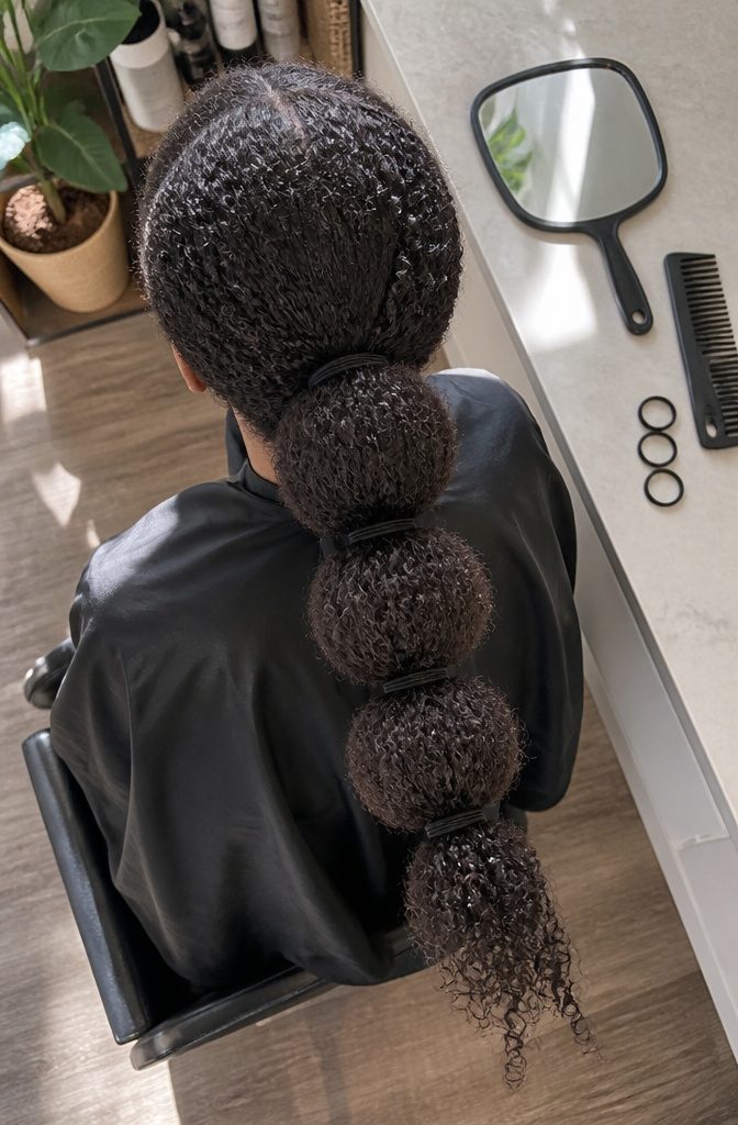 Ponytail with several rounded sections held by evenly spaced elastics