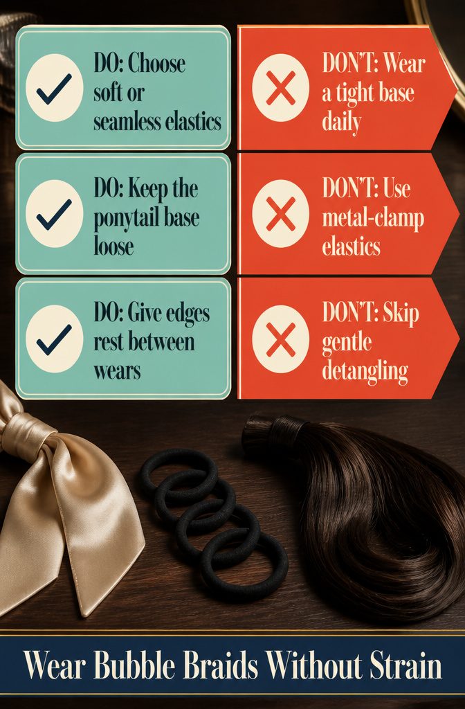Loose ponytail base with hair elastics and visible hairline