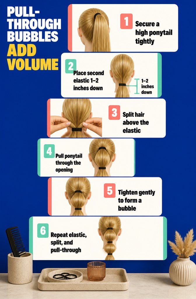 Ponytail threaded through a gap above an elastic