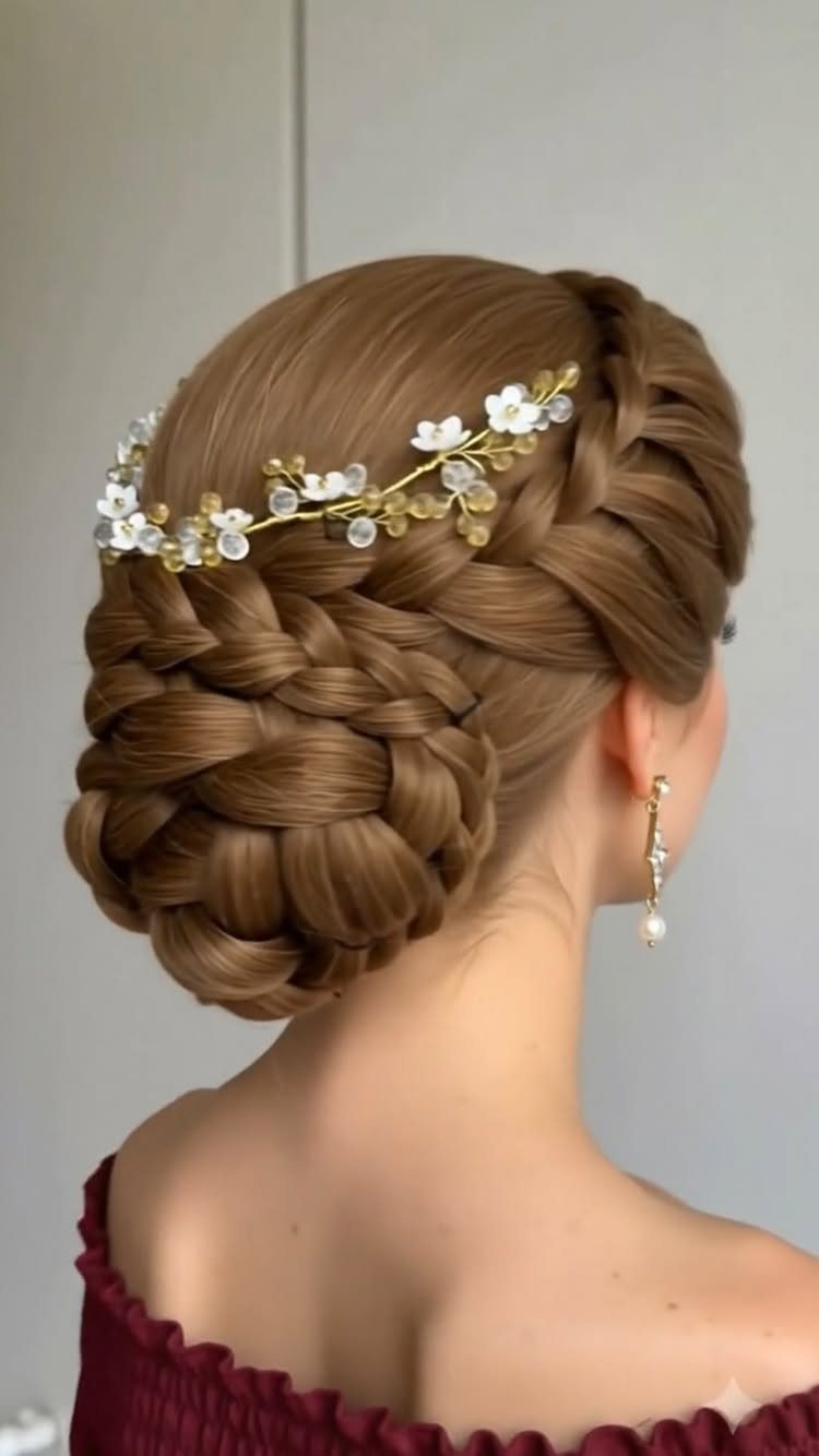 Braided low bun with a floral gold hair vine on a woman