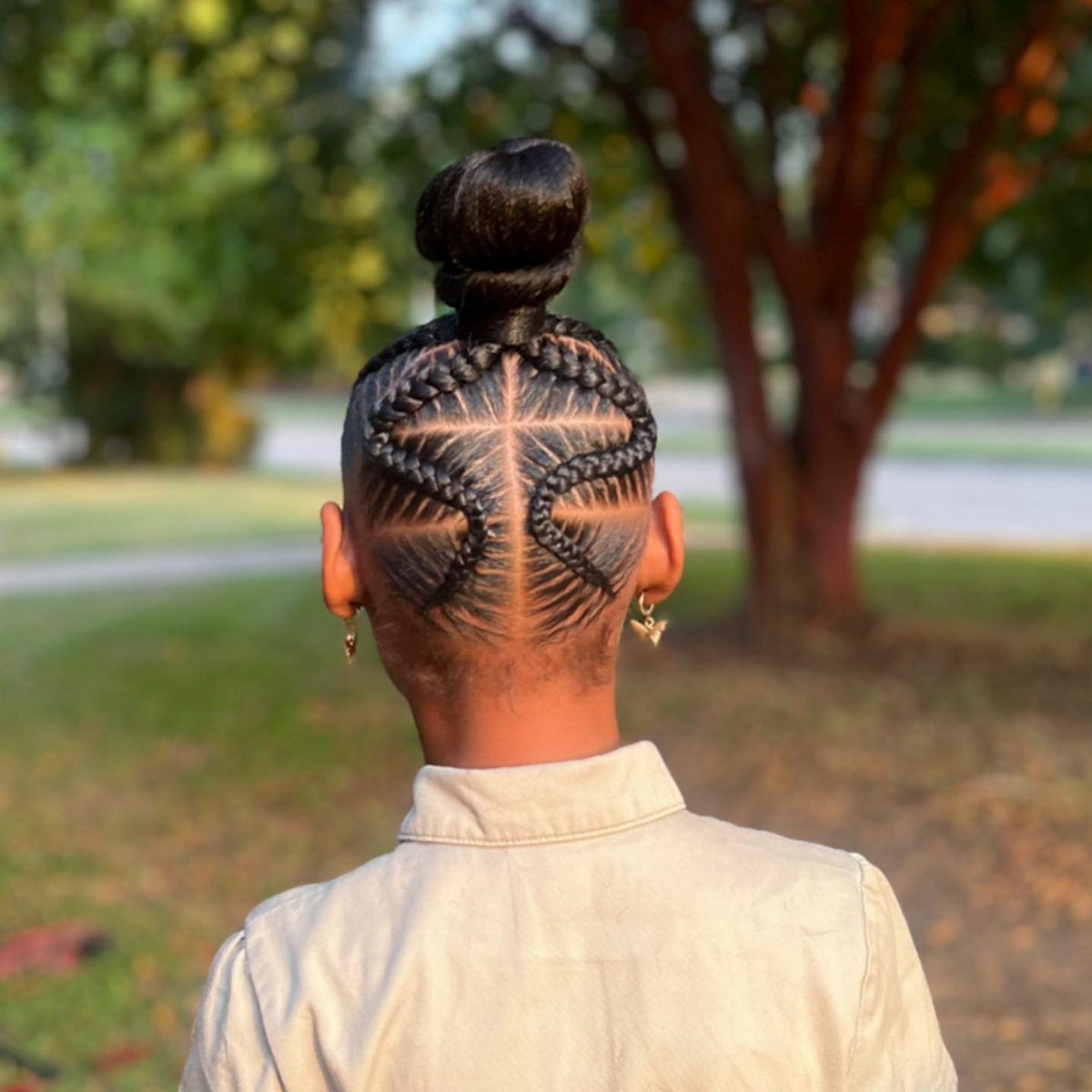 High bun above intricate cornrows and narrow braids on a person outdoors