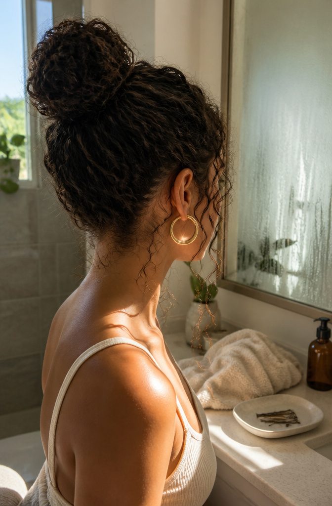 High curly bun with thin tendrils spiraling beside the temples and ears