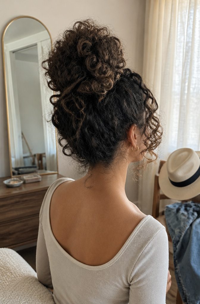 High curly bun gathered at the crown with rounded volume