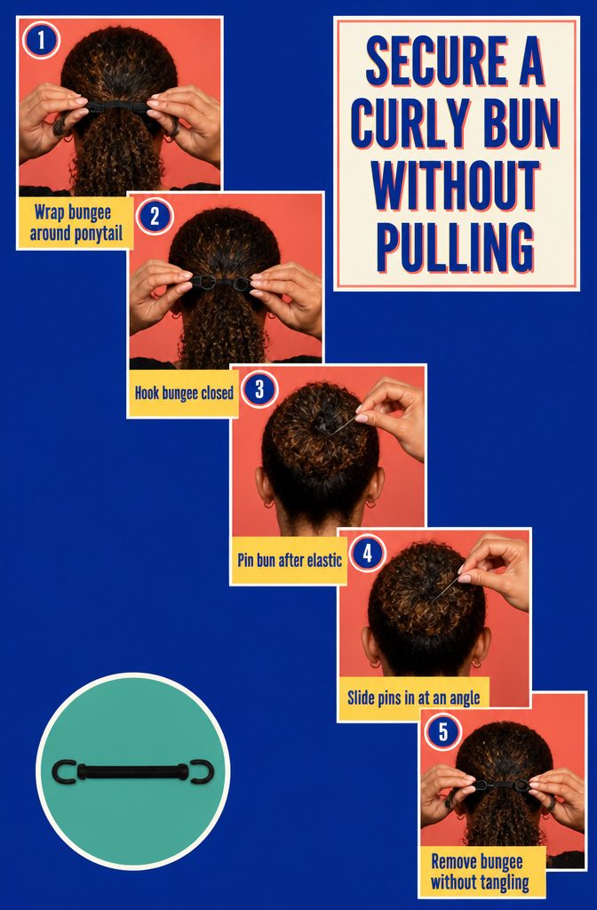 Curly bun secured with bobby pins after an elastic