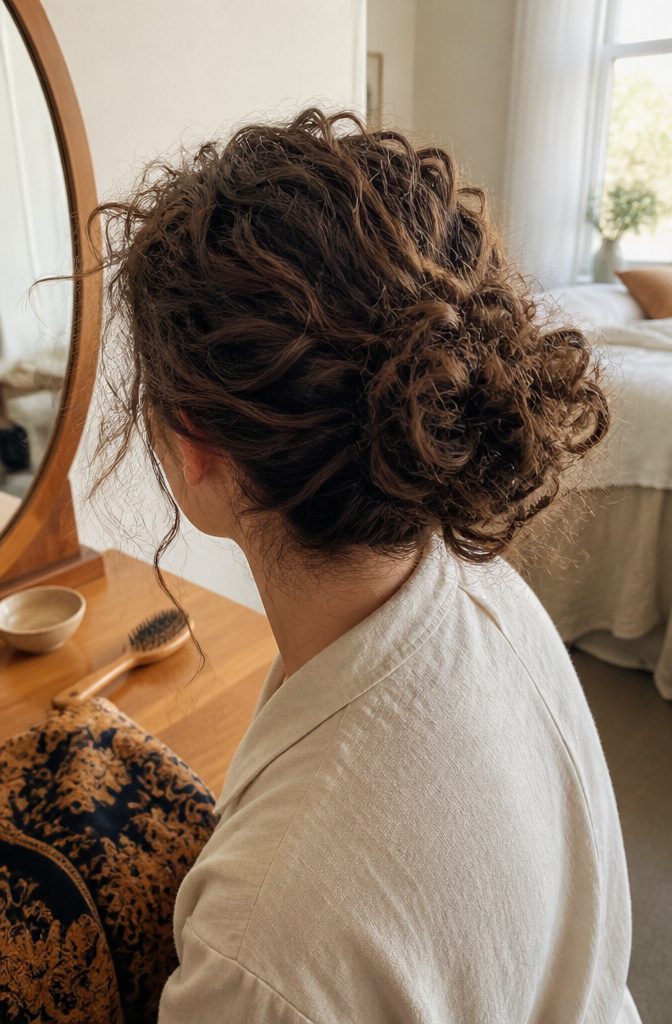 Messy curly bun with flyaways and one loose strand near the face