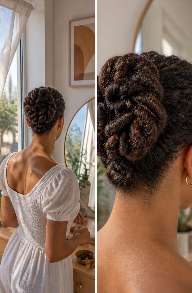 Curly hair divided into twisted sections and pinned into a textured bun