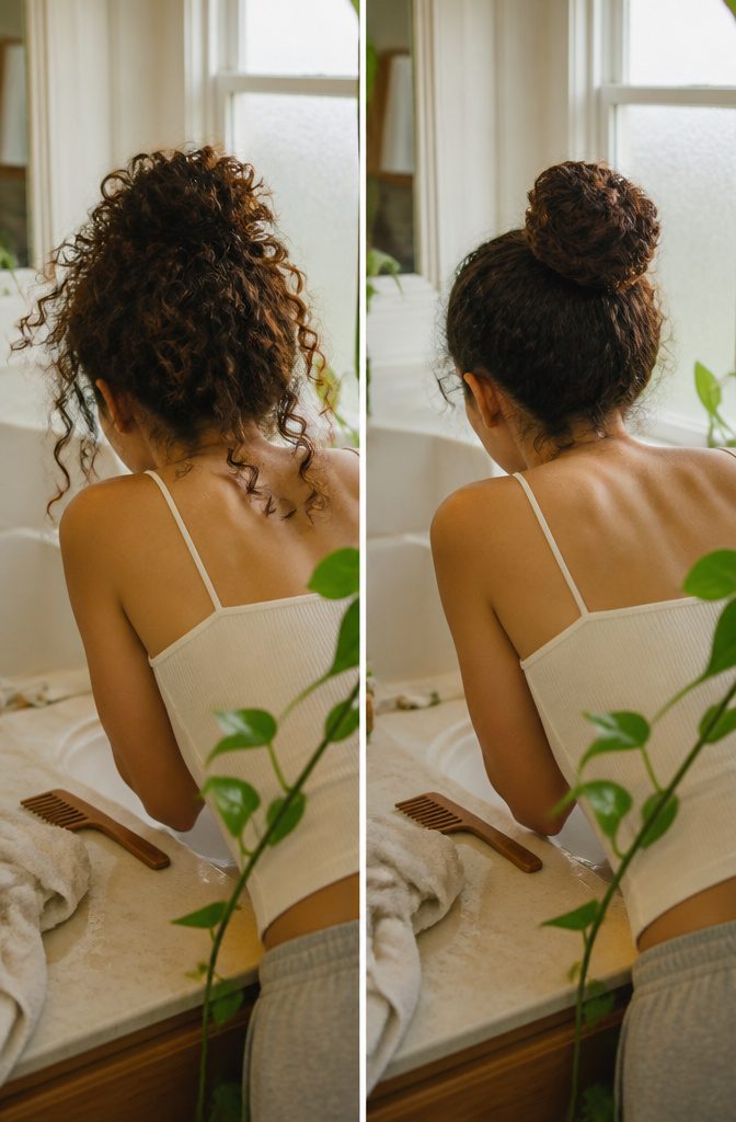 Curly hair gathered into a full bun with natural texture and flyaways