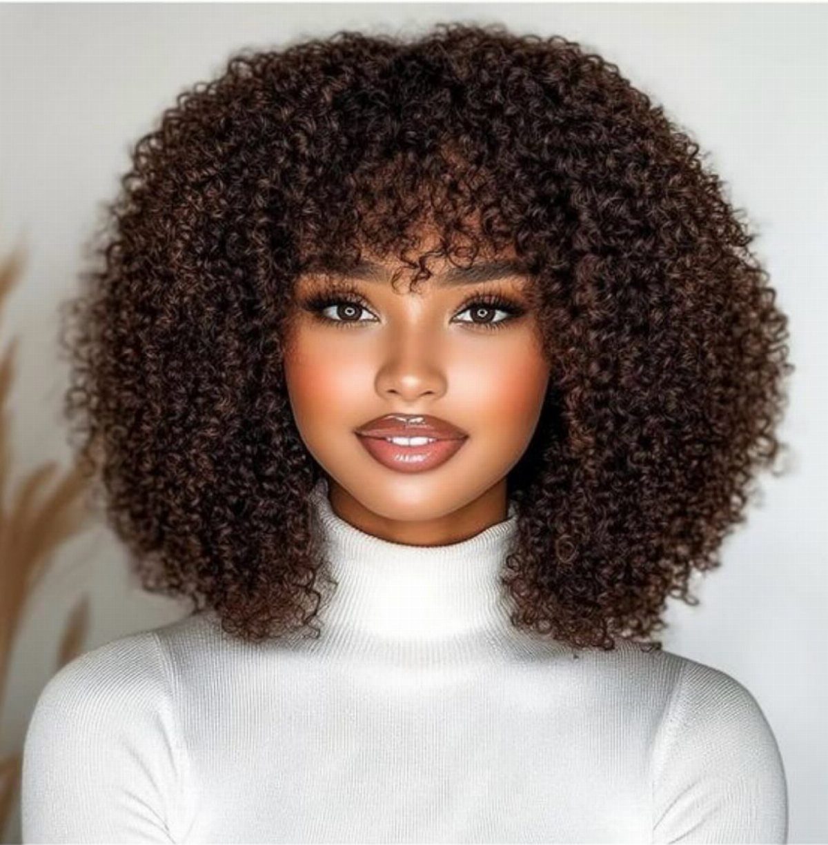 Woman wearing a voluminous dark curly hairstyle with a fringe across her forehead