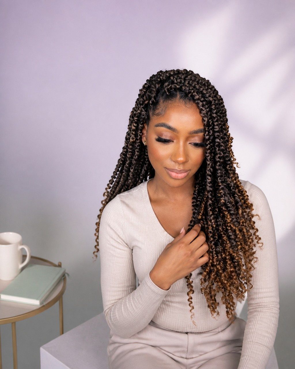 Woman showing long crochet braids with lighter brown strands