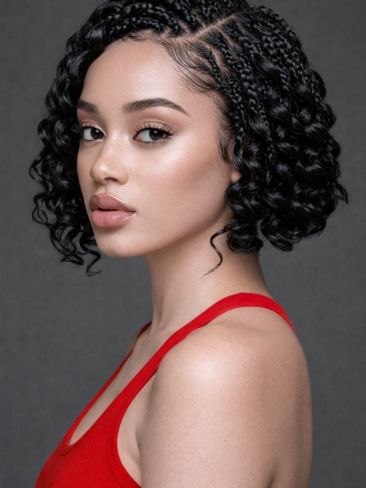 Woman with short curly crochet braids, side part, cornrows, and red top