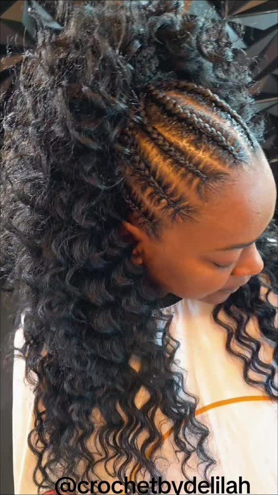 Half-up curly crochet braids with cornrows and long curls cascading down
