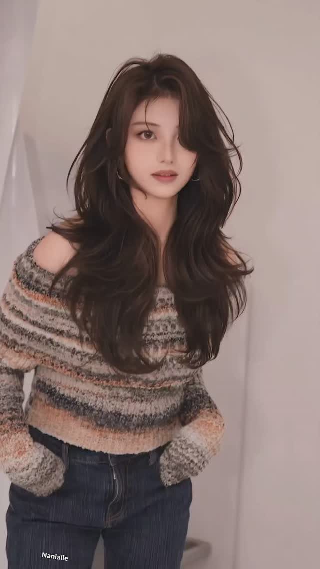 Woman with long dark layered curls and loose bangs wearing a striped sweater
