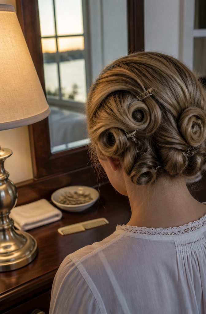 Fresh curl pinned against head with neighboring curls in loose loops