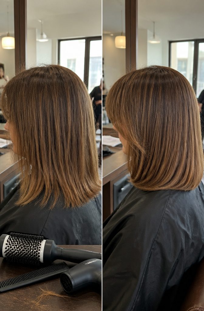 Fine hair bangs pulled diagonally across face and curled under