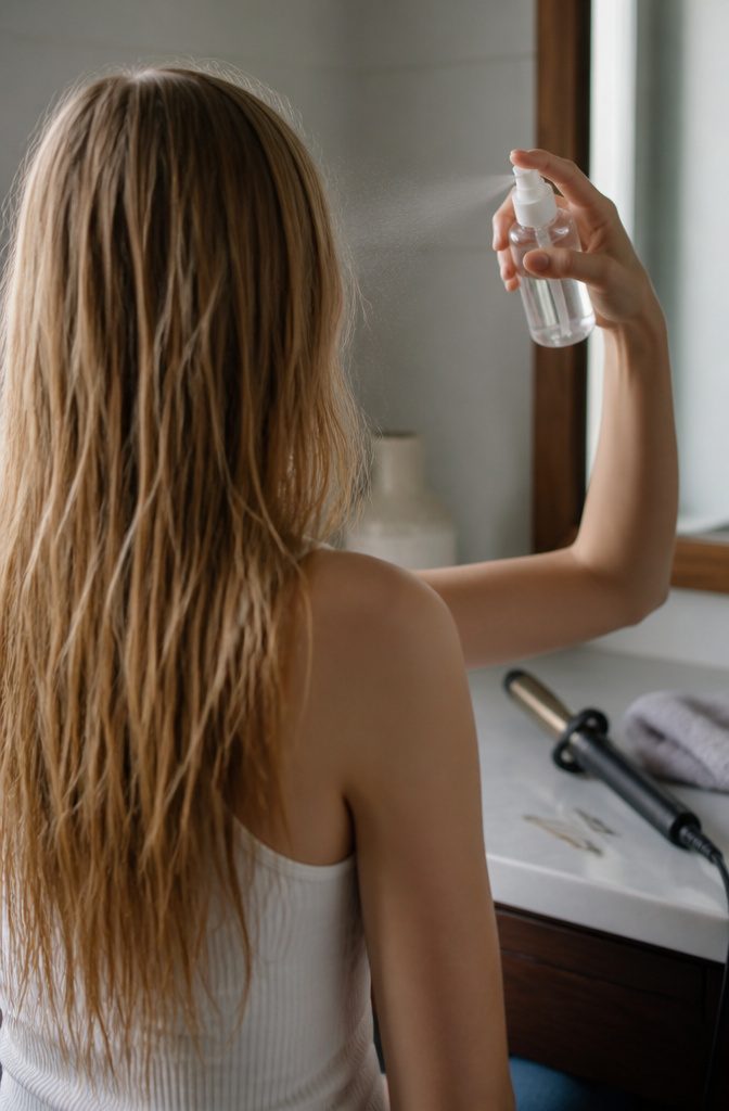 Fine hair receiving a light heat protectant spray before curling