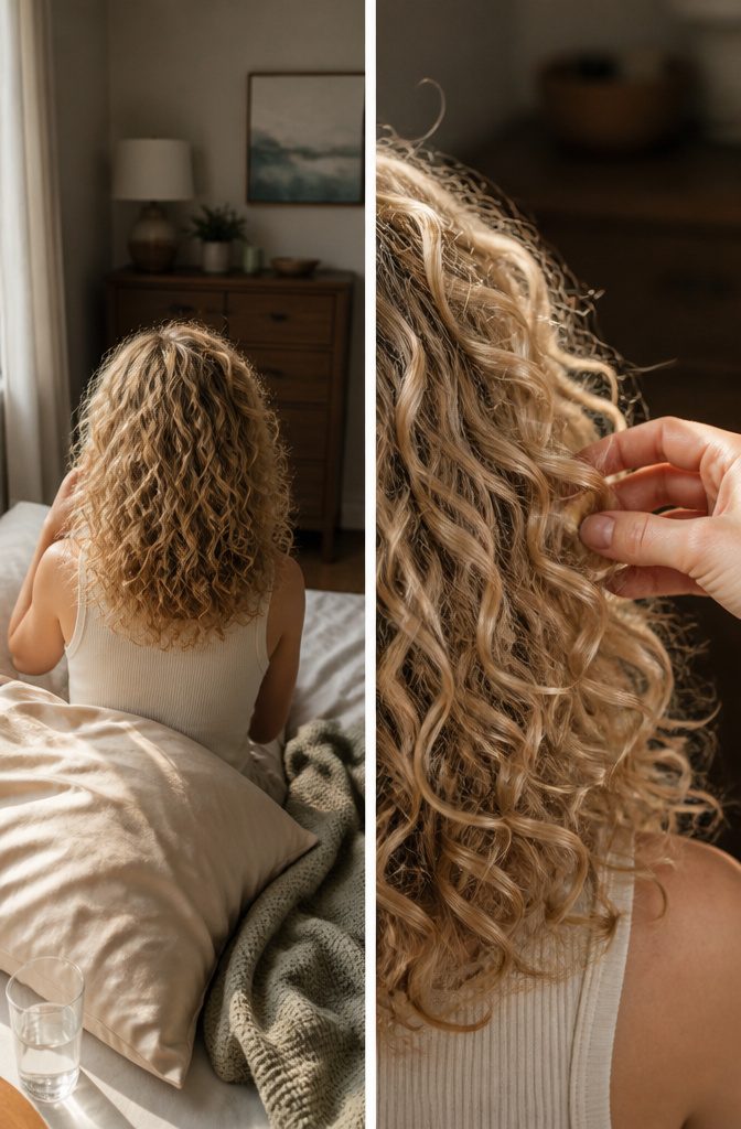 Fingers separating cooled curls and lifting fine hair near the roots
