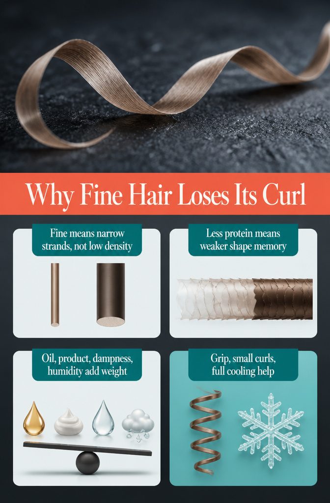 Fine hair showing loose curls beside straighter sections that lost their shape