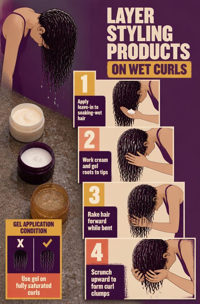 Beauty guide showing leave-in conditioner cream and gel for wet curls