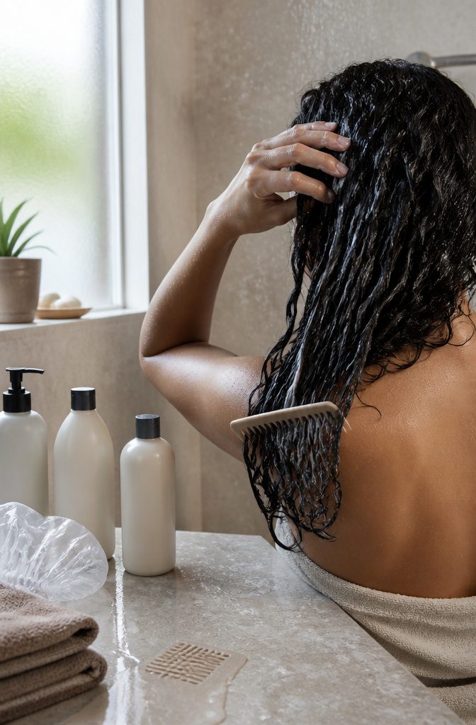 Wet defined curls with conditioner and a wide-tooth comb during washing