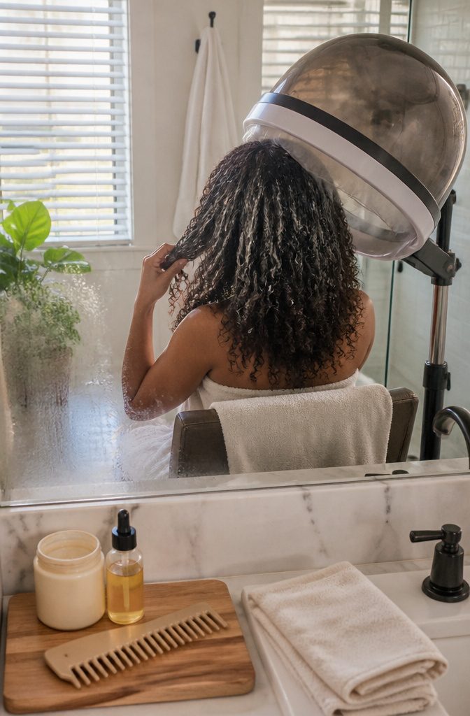Tight curls coated in a deep conditioning mask beneath a hooded dryer