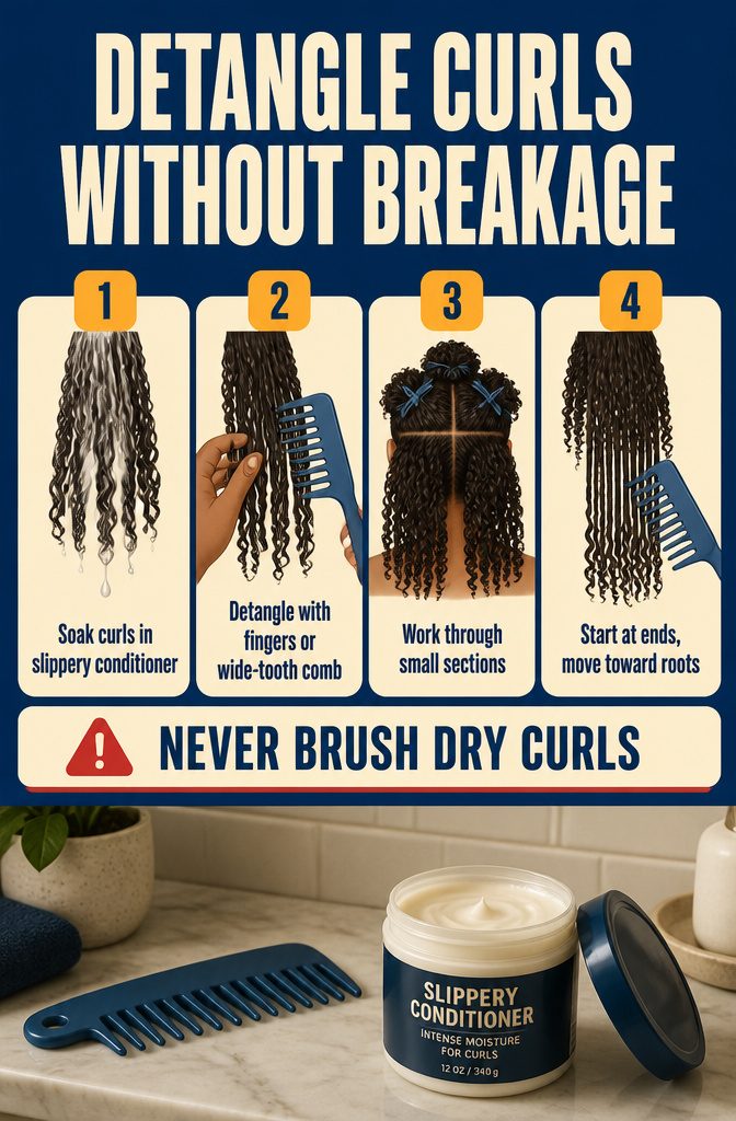 Beauty guide about detangling curls with conditioner and a wide-tooth comb