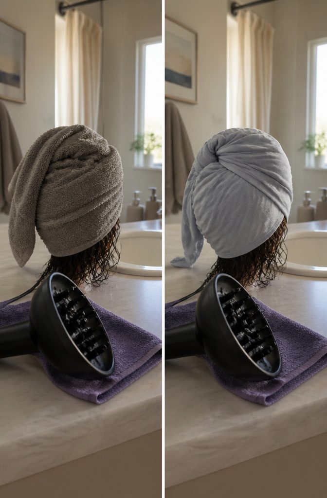 Wet curls wrapped in a cotton T-shirt for drying