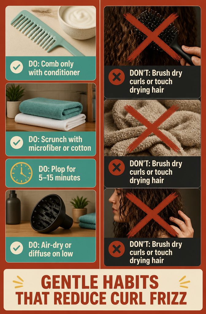 Beauty guide showing a microfiber towel and gentle curl care tools