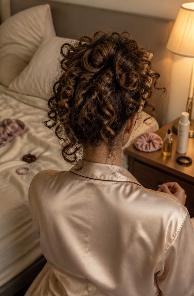 Dry curls in a pineapple beside a satin bonnet hair oil and braid tie