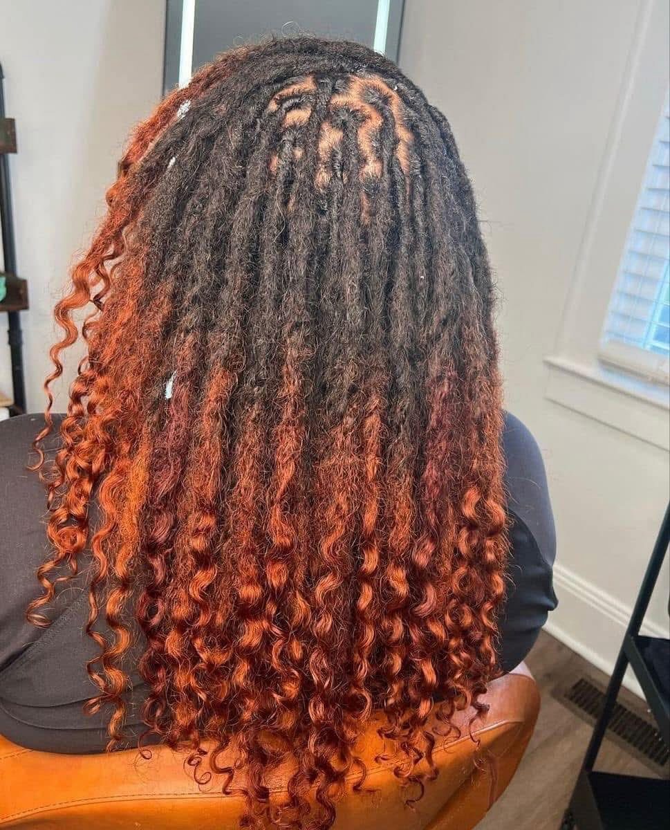 Long dark locs with copper-red curly ends cascade down a seated person's back