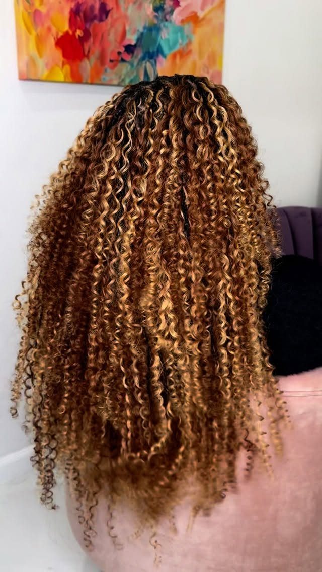 Long ombre braids shift from dark roots to golden brown curly ends