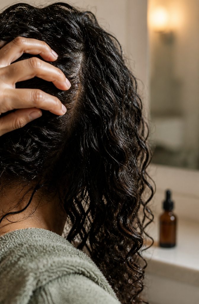 Scalp serum applied to a parted scalp beneath curly hair