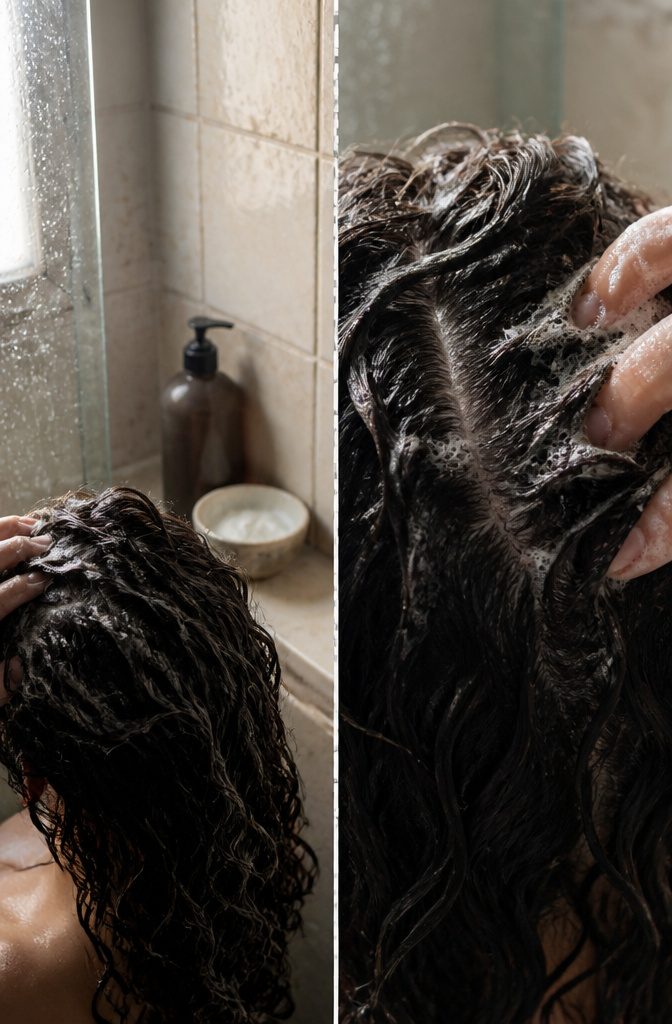 Curly hair care products beside wet curls and a detox shampoo bottle