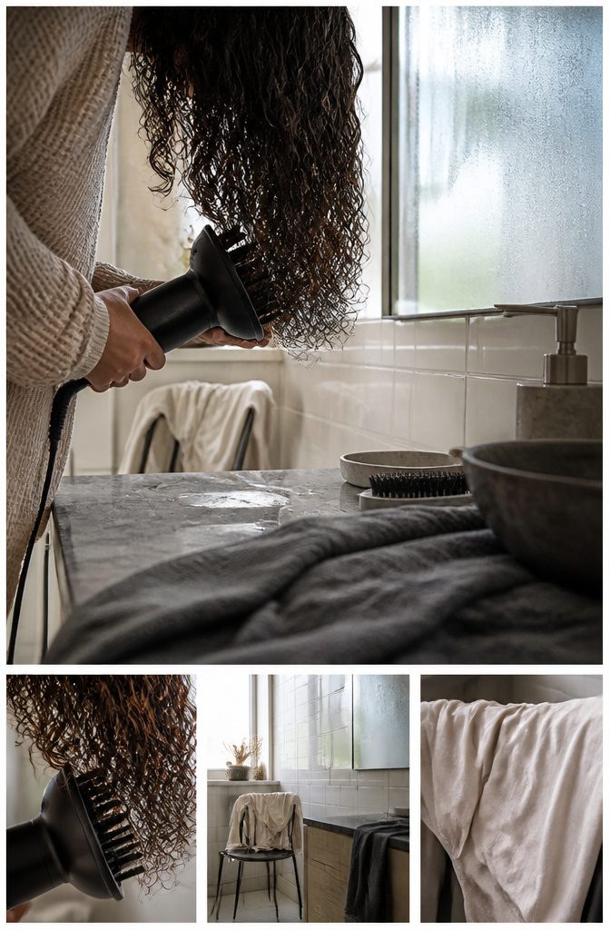 Curly hair drying inside a diffuser bowl with roots lifted