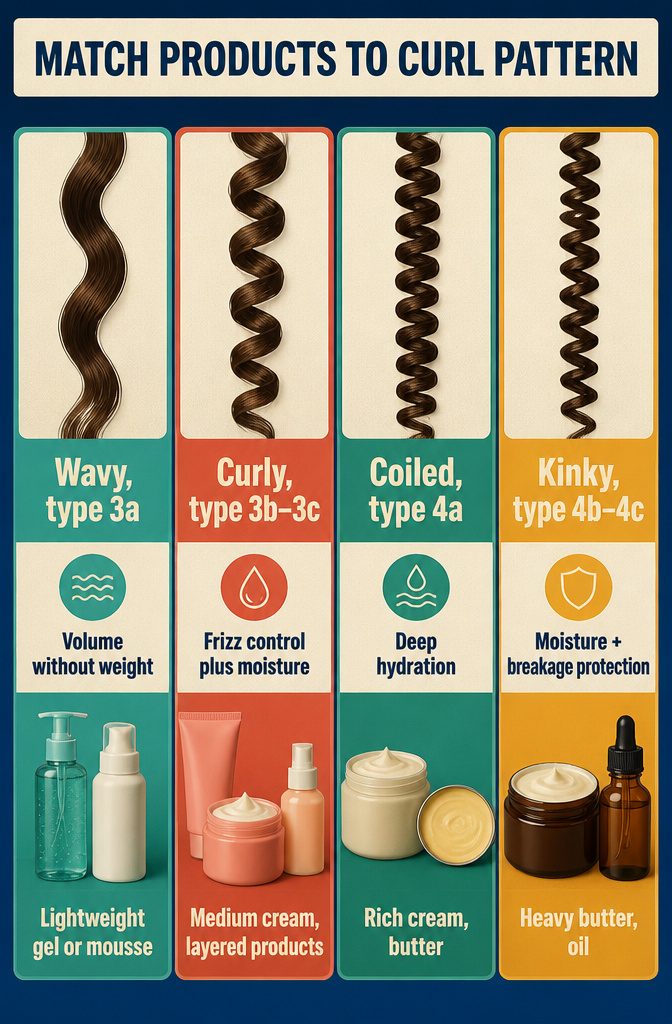 Curl pattern guide showing wavy curly coiled and kinky hair textures
