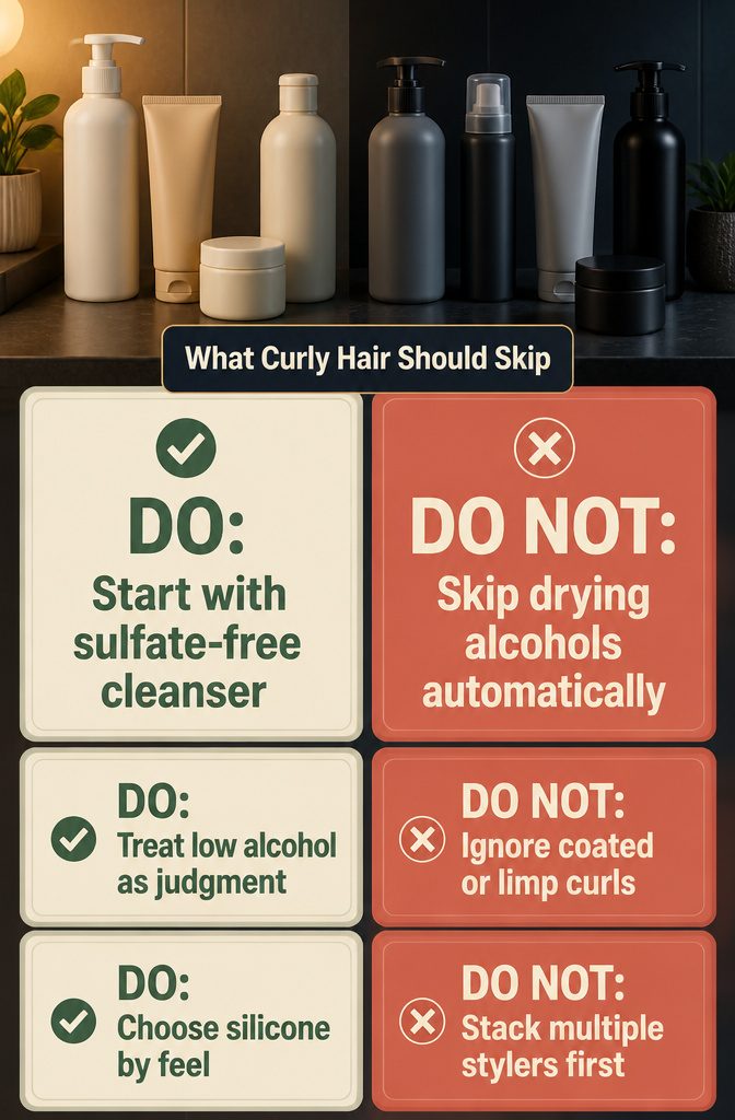 Curly hair product guide listing sulfates alcohols silicones and heavy stylers