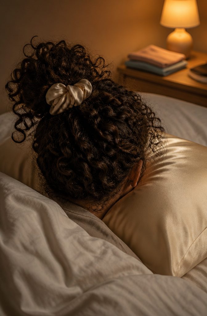 Curly hair gathered into a loose pineapple with a silk scrunchie