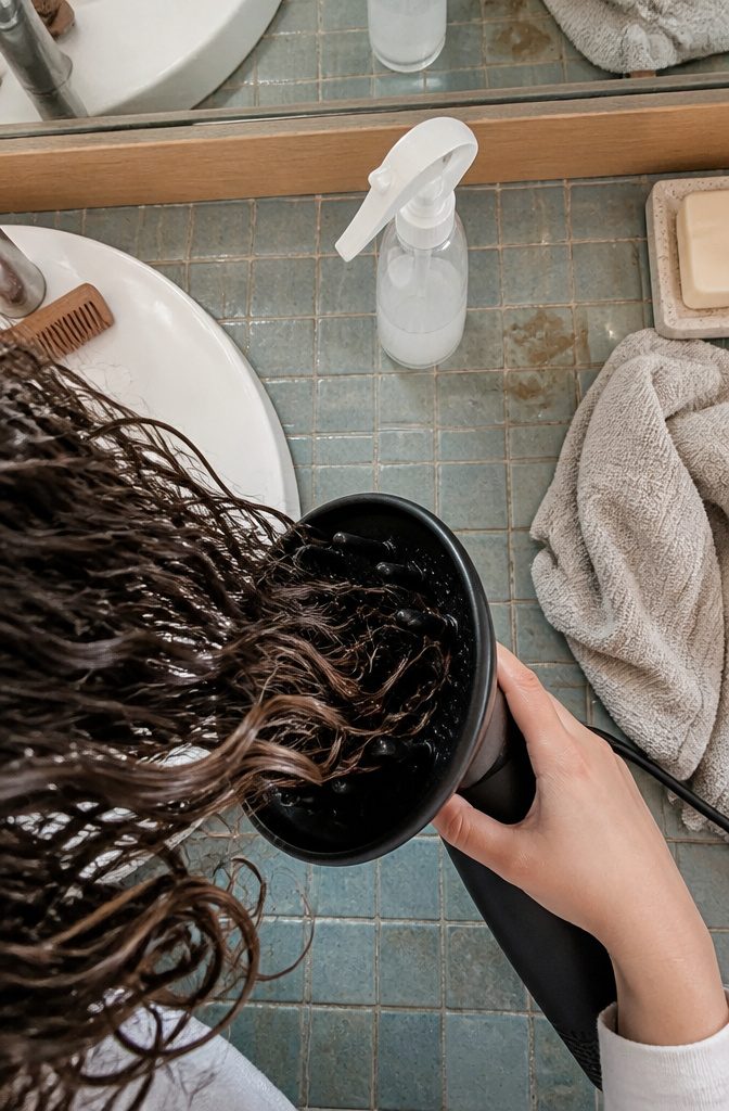 Spray bottle and diffuser beside refreshed damp curly hair