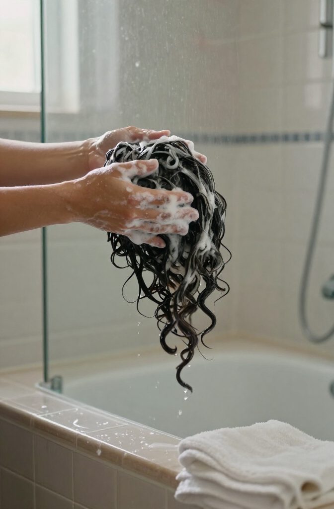Wet curly hair being shampooed at the scalp in a shower
